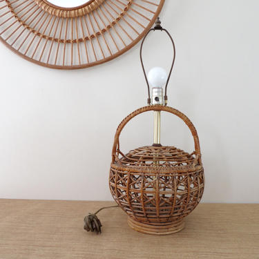 Vintage Lamp - Wicker Lamp - Natural Rattan - Round Basket Style Lamp with Handle - Boho Style 