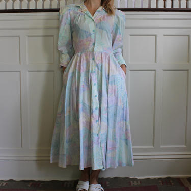 Vintage 80s Pastel Floral Long Sleeve Midi Length Dress Women's Size 