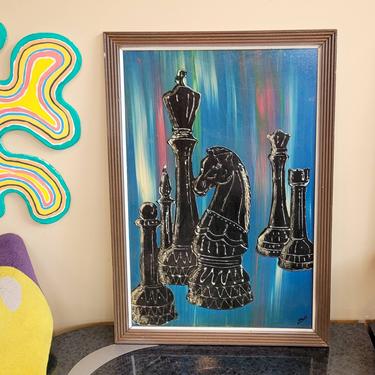 Mid Century Painting Chess Pieces Game room art 