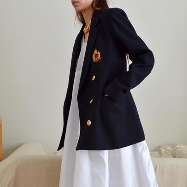 black wool embroided emblem crest double breasted blazer 