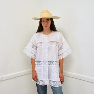 Pin Tuck Tunic // vintage 70s boho hippie Mexican blouse dress white 1970s pin tuck lace beach cover swimsuit cotton // O/S 