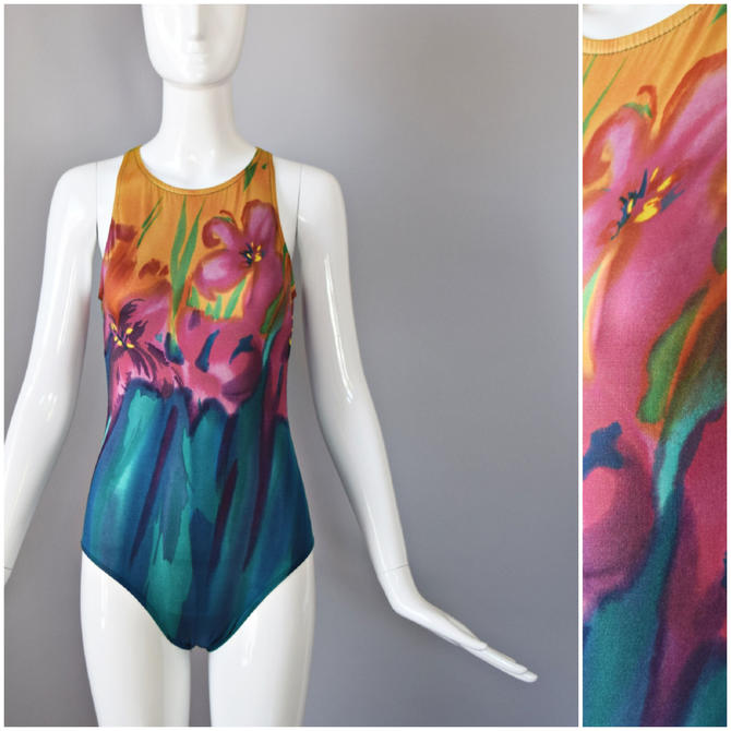 colorful 1980s summer vtg 90s Mainstream purple and pink tropical animal palm leaf floral print full stretch one piece swimsuit swimwear