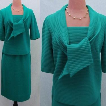 Vintage Skirt Suit, Kelly Green Ribbed Knit, 2-Pc, Leslie Fay, 60s Mod, Sz LG 