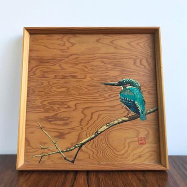 Vintage Japanese Wooded Tray with Kingfisher Bird 