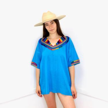 Mexican Gauze Blouse // vintage cotton boho hippie Mexican hand embroidered dress hippy tunic mini dress blue // O/S 