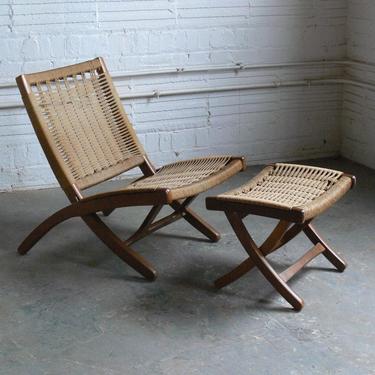 Vintage Hans Wegner Inspired Walnut Folding Lounge Chair with Ottoman 