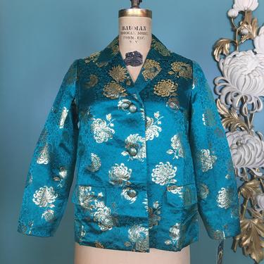 1960s jacket, turquoise brocade, vintage jacket, formal, cockatil, asian style, size medium, metallic gold, evening jacket, cropped, 34 