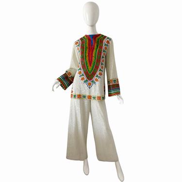 70s Bell Bottoms Pant Set / Vintage Metallic Dashiki Pant Set / 1970s Lurex Tunic Pantsuit 