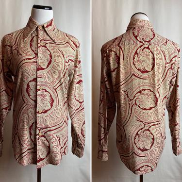 Beautiful blouse authentic paisley textile print 70’s slim fitted extra large pointy collar Tailored waist bishop sleeves boho hippie shirt 