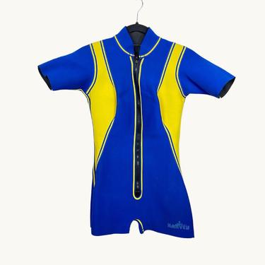 Vintage Harvey Womens Shorty Neoprene Wetsuit • Retro Blue &amp; Yellow • Small 