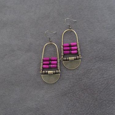 Pink tribal southwest earrings, brass boho earrings, bohemian chandelier earrings, wood earrings, ethnic earrings, unique statement 