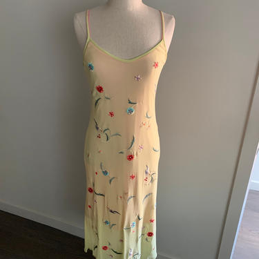 Vivienne Tam yellow mesh embroidered floral tank dress with pink under slip-Size S 