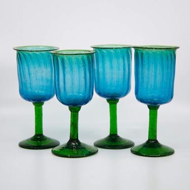 Vintage Mexican Hand Blown Green and Blue Goblet Glasses 