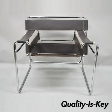 Vintage Marcel Breuer Wassily Style Brown Leather Sling Chrome Lounge Chair