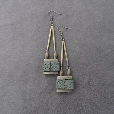 Industrial earrings, bronze dangle earrings, khaki army green earrings, mid century modern earrings, lava rock earrings, antique bronze 