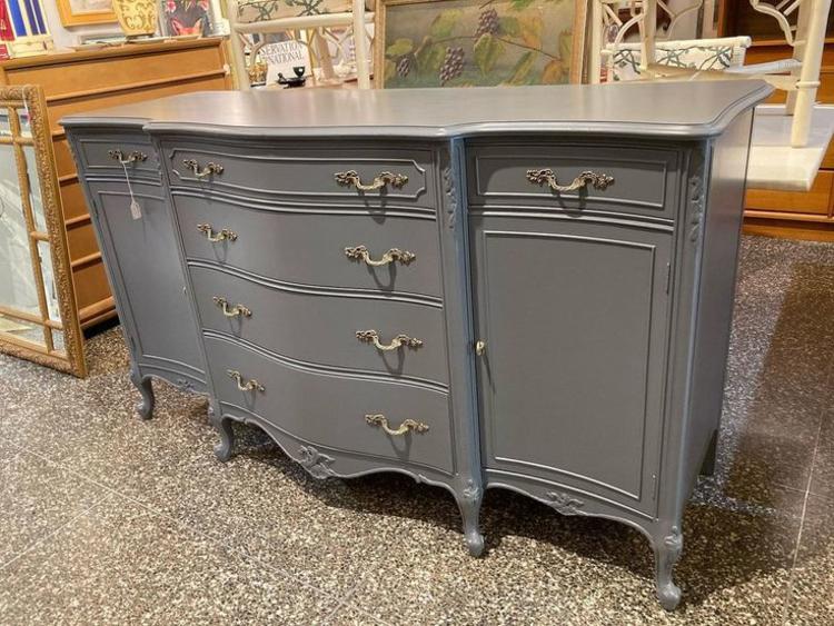 Large gray painted side board. Felt lined silver ware drawer. 64.5” x 21.5” x 36.5” 