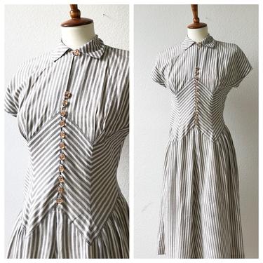 Vintage grey 1940s striped chevron collar dress size xs 