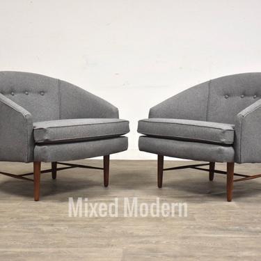 Grey Barrel Back Walnut Mid Century Lounge Chairs - A Pair 