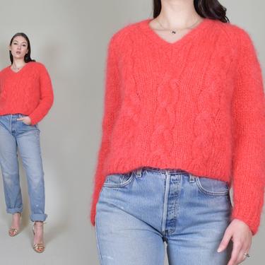 1960s Italian Mohair Sweater | Vintage Fuzzy Mohair Sweater | Flamingo Pink Mohair Sweater 
