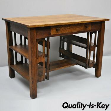 Antique Mission Arts &amp; Crafts Oak One Drawer Writing Desk with Bookcase Sides