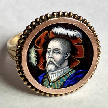 Fine Antique Limoges Enamel Renaissance Revival King Portrait Ring 14K & 10K ~6.5 
