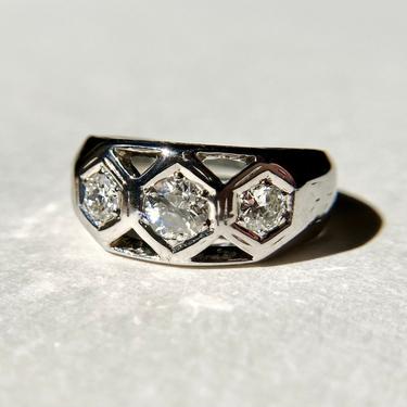 Antique Art Deco 18K White Gold Euro Cut Diamond 3 Stone Engagement Ring ~1ct 