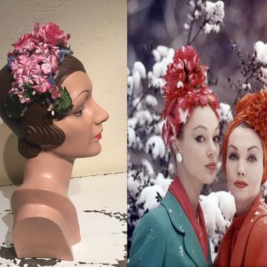 Their Gossip Was Lowered Whispers - Vintage 1950s Rose Pinks Hot Pinks Floral Bandeau Half Hat Fascinator 