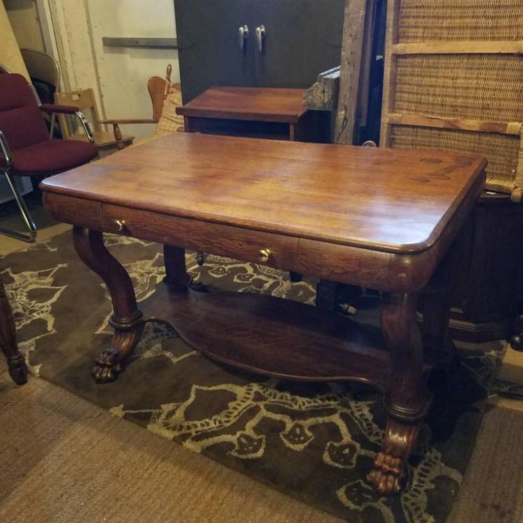 SOLD. Early 20th Century Claw Foot Oak Library Table, $180.