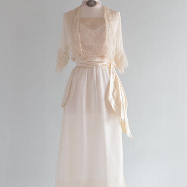 Exquisite Antique Edwardian Silk and Lace Wedding Dress / Small