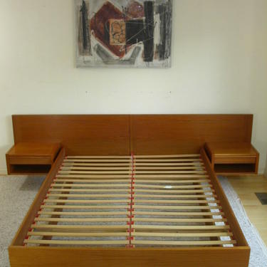 Queen Danish Modern Teak Platform Bed + Attached Floating Nightstands 
