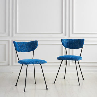 Pair of Mid Century Iron Chairs with Blue Upholstery