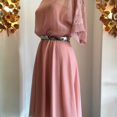 1980s sheer dress, pink chiffon dress, vintage 80s dress, batwing dress, embroidered lace, size medium, 1970s dress 