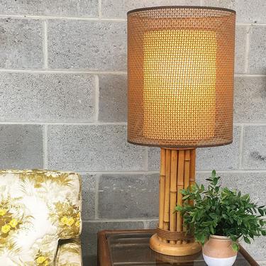 Vintage Table Lamp Retro 1970s Bohemian + Tan Bamboo Base + Twine Wrappings + Brown Wicker + Double Layer Shade + Mood Lighting + MCM Decor 