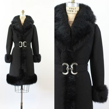 1960s black FAUX FUR belted coat medium | new winter 
