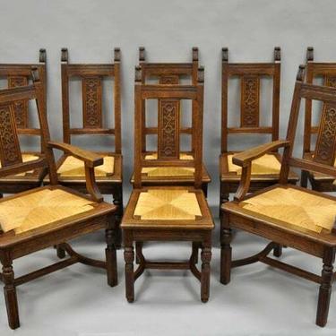 Set of 8 William &amp; Mary Renaissance Jacobean Revival Oak Dining Chairs Rush Seat