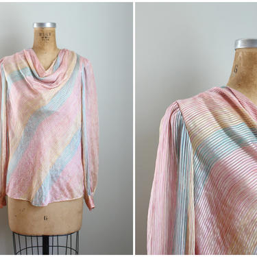 80s pastel rainbow striped blouse - silky 80s blouse / draped collar blouse - disco blouse / candy stripes - pink striped silk blouse 