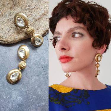 90s Dangly Gold Earrings Clear Rhinestones / 1990s Dressy Evening Drop Earrings Oversized Maximalist / Godiva 
