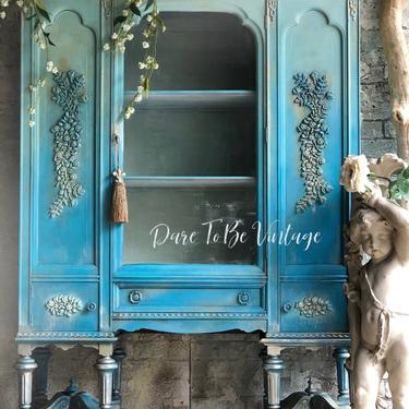 Vintage Armoire  Jacobean China Cabinet - Hand Painted Armoire Blues - Vintage Server Hutch - Shabby Chic Cabinet - Rustic Glam Metallic 