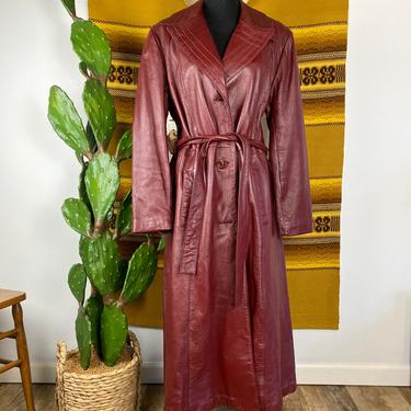 Vintage 1970s Dark Red Leather Belted Trench Coat 