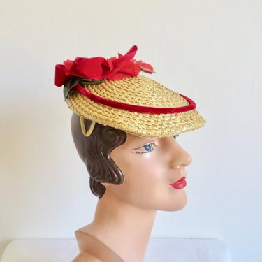 Vintage 1950's Natural Raffia Straw Hat Red Silk Roses  Velvet Piping Bow Trim Spring Summer Garden Party Rockabilly 50's Millinery 