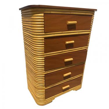 Stacked Art Deco Rattan Highboy Dresser with Mahogany Top 