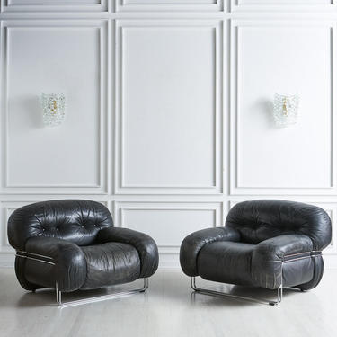 Black Leather and Chrome Italian Lounge Chairs