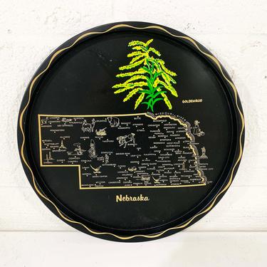 Vintage Metal Nebraska Drink Tray Plate Souvenir Retro Round Mid-Century Barware Black White Green Goldenrod Blossoms Bar Midwest 