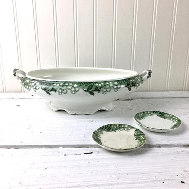 Wm. Hulme semi-porcelain lily of the valley open dish and butter pats - turn of century English pottery 