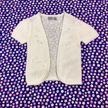 80's silk rhinestone knit cardigan cover up sweater 1980's soft delicate angora lurex silver tinsle ice princess flower cap sleeve shrug S M 