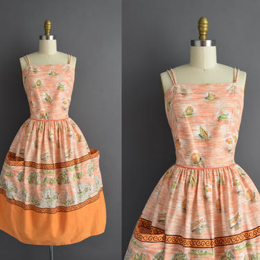 1950s vintage dress | Outstanding Sea Shell Vacation Novelty Print Full Skirt Summer Sun Dress | Large | 50s dress 