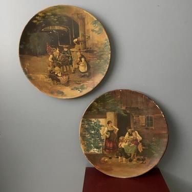 Victorian art - children playing pictorial charger plates - set of 2 - vintage plate wall decor 