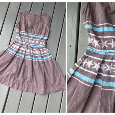 AS IS vintage 1950s summer dress, fit flare dress, full skirt dress / stars &amp; stripes dress, 1950s cotton day dress / vintage 50s dress 