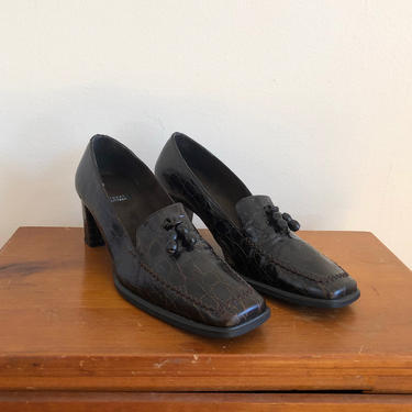 Dark Brown Patent Leather Croc-Textured Heeled Loafers with Square Toe by Stuart Weitzman - 1990s 