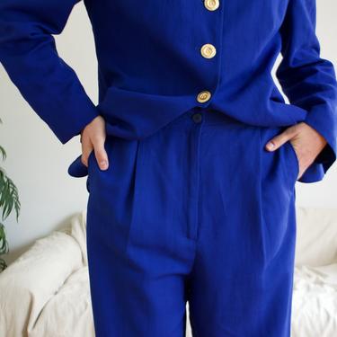 louis féraud woven blue flax blend pant suit 